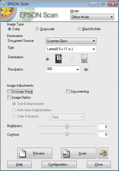 Scanning C Select Office Mode from the Mode list. D E F G H Select the Image Type setting. Select the Document Source setting.