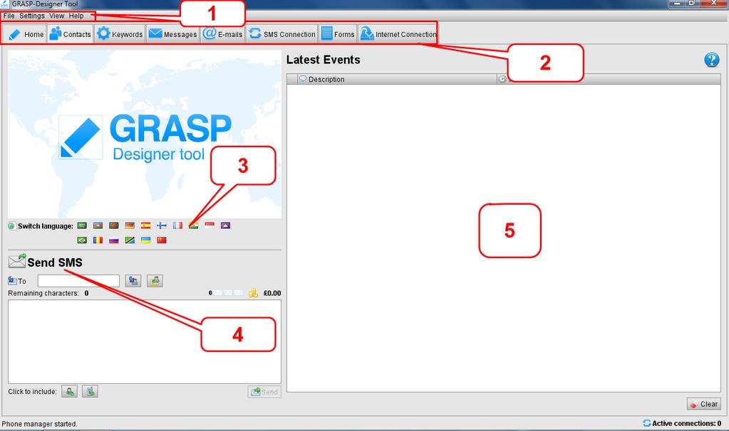 GRASP Designer Tool: Home Page. 1. Main menu, 2. Tabs, 3.