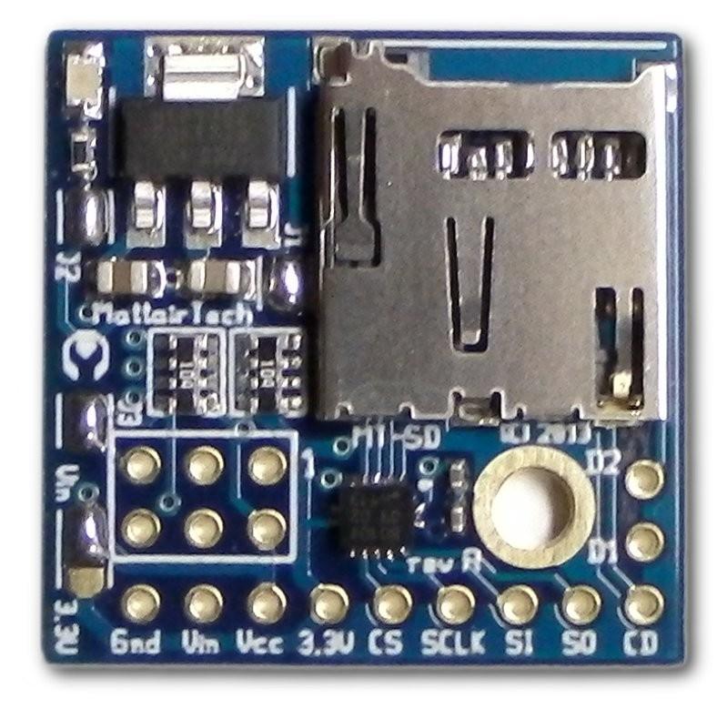 Features MicroSD card slot with push in/push out spring action Onboard 3.3V, 250mA LDO regulator Up to 16V input on Vin pin extremely low quiescent current (2.