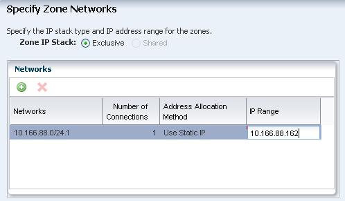 7. The Network Resource Assignments page shows the host name, shared network and IP address that you defined in the profile.