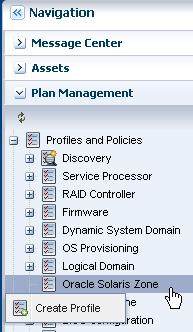 Create an Oracle Solaris 11 Zone Profile and Plan Creating a zone profile defines the zone configuration details and creates a deployment plan. 1. Click Plan Management, then expand Profiles and Policies.