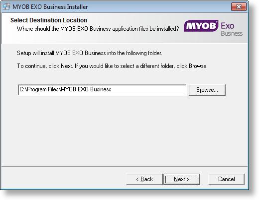 6. If you chose to install the MYOB EXO Business Application Modules, click Browse to choose