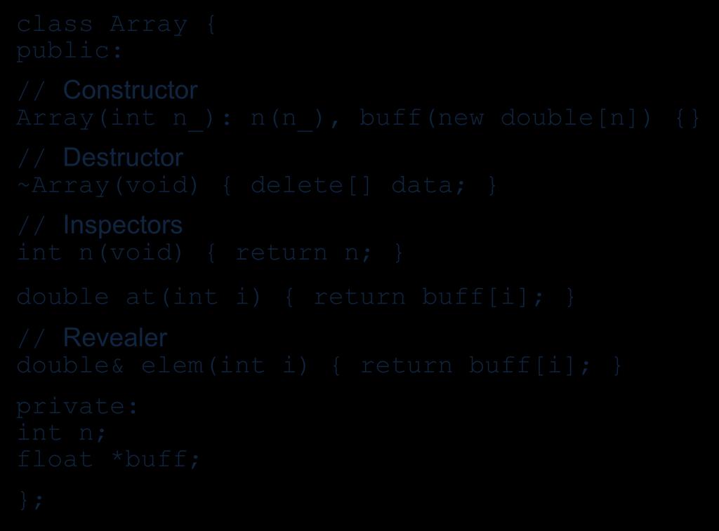 return n; double at(int i) { return buff[i]; // Revealer double& elem(int i) { return