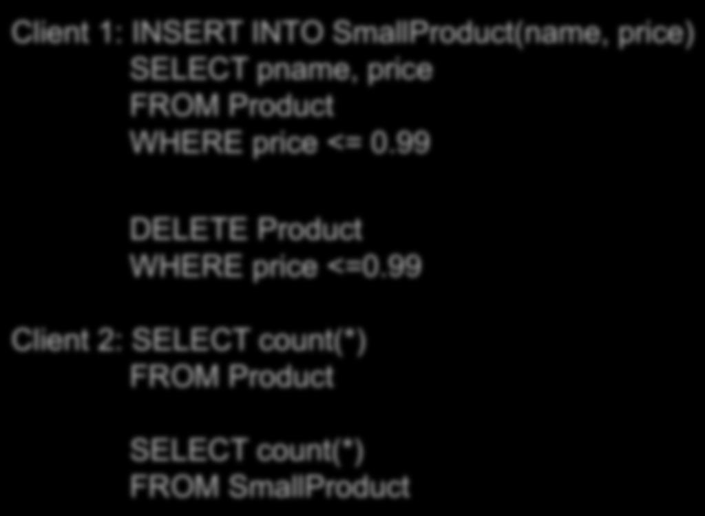 Different Types of Problems Client 1: INSERT INTO SmallProduct(name, price) SELECT pname, price FROM Product WHERE price <= 0.