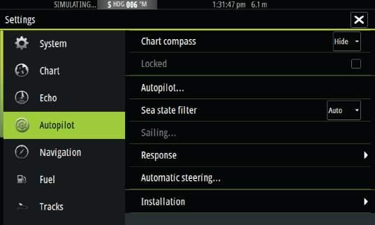 Autopilot settings Chart compass You can select to show a compass symbol around your boat on the chart panel. The compass symbol is off when the cursor is active on the panel.
