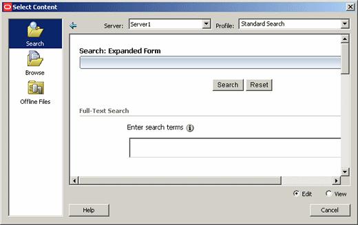 Select Content Dialog Figure A 10 Search Panel of Select Content Dialog To find content, specify the search criteria that the content items should meet and click Search in the search form.