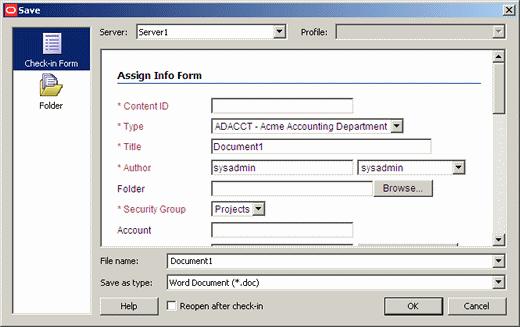 Save Dialog (Save As New) Figure A 14 Check-In Form Panel of Save Dialog Element Description This is the icon of the current dialog. Click the Folder icon to open the Folder page (see Section A.10.