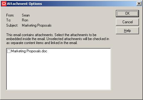 Get Attachment Dialog Note: You can avoid having to specify how e-mail attachments should be handled every time you check in an e-mail by modifying the setting on the Email Checkin Settings dialog