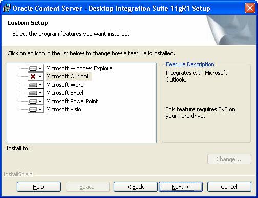 Installing the Latest Version of Desktop Integration Suite 5. In the Custom Setup dialog, select the supported application(s) you want to integrate with Content Server.