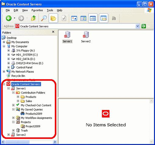 Oracle Content Servers Hierarchy in Folders List Double-click a shortcut to a particular content server, contribution folder, or content item.