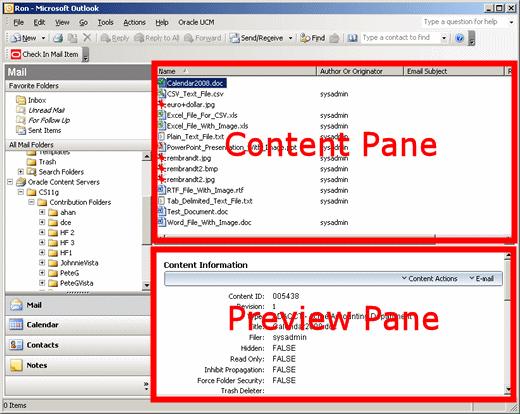 Content Pane and Preview Pane When you select an object in the Oracle Content Servers hierarchy in the mail pane, the contents of that object are displayed on the right, in the content pane.