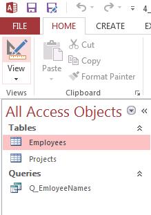 Saving the Select Query Q_EmployeeNames should now appear