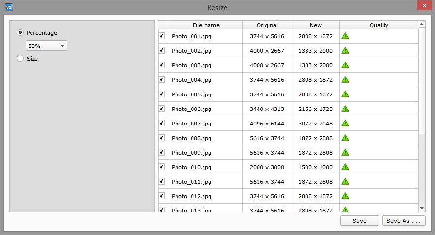 Figure 2:4: Resize window All the photos selected appear in the window. You may deselect some photos to exempt them while resizing.