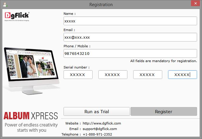The registration screen will appear with a serial number automatically in