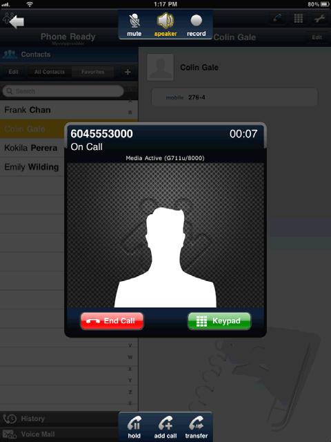 MobileVoice ipad Edition User Guide 3.5 Handling One Established Call Call in Foreground Mute or unmute the active call. Enable or disable speakerphone for the active call.