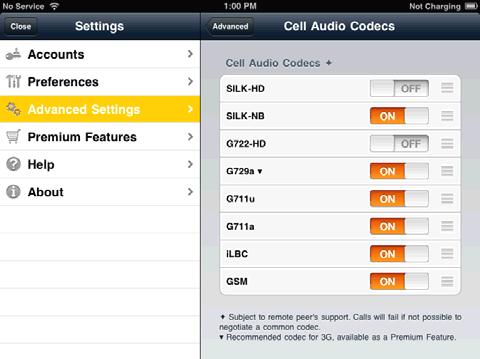 Audio Codecs Selection Cell Audio Codecs Wi-Fi Audio Codecs These two screens list the audio codecs that can be used during a Wi-Fi call or cellular data call.