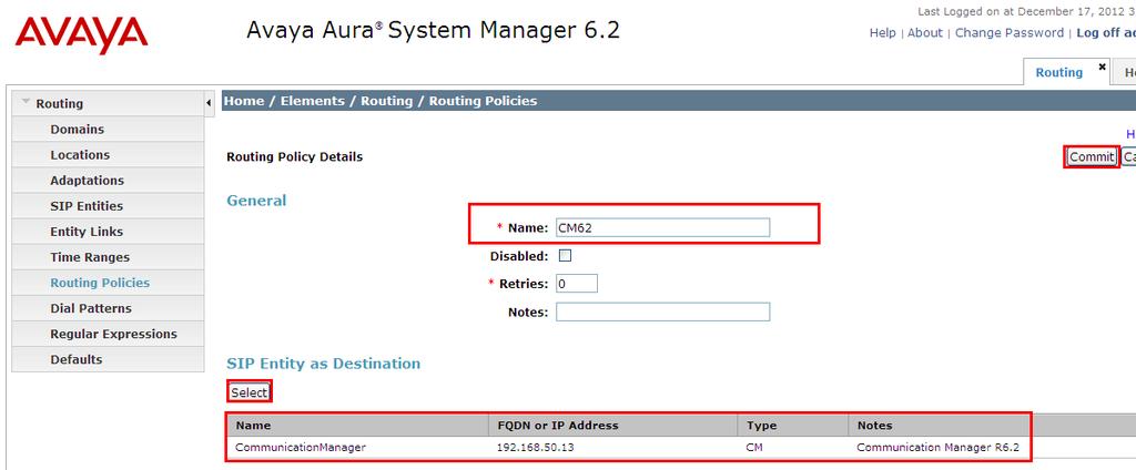 6.8 Administer Routing Policies To complete the routing configuration, a Routing Policy is created. Routing policies direct how calls will be routed to an attached system.