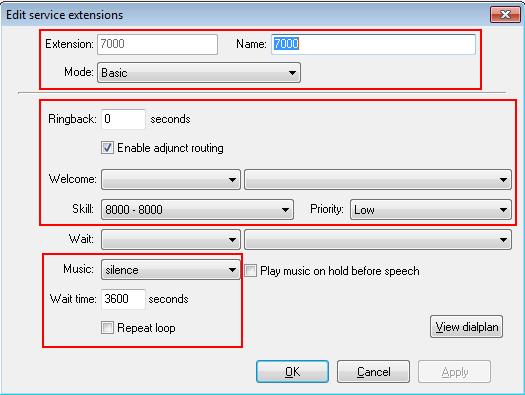 In the resulting window enter an Extension and Name for the service and using the drop down menu select Basic for the Mode field.