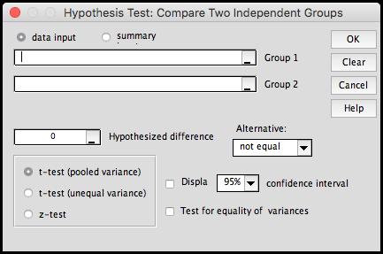 Compare Two Independent Groups All of the data selected for each group will be treated as a single group even if you select multiple columns. (See the Mean vs.