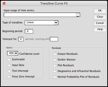 Time Series / Forecasting Trendline Curve Fit Select a single column of data as the input range of the data to be fit with a trendline (i.e., the dependent variable, Y).