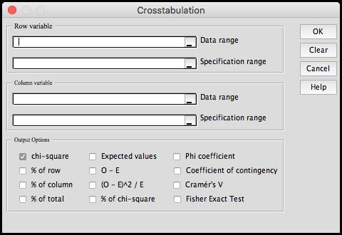 Crosstabulation This option calculates a two-factor crosstabulation table from qualitative data. Select the input data ranges for the row and column variables.