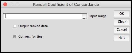 Kendall Coefficient of Concordance Within the input range each column represents an item being judged and each row represents a judge. No missing or invalid data are allowed.