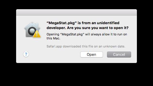 (This message is because MegaStat is not coming directly from the Apple app store.) Click Open to start the installer program and view the Introduction.