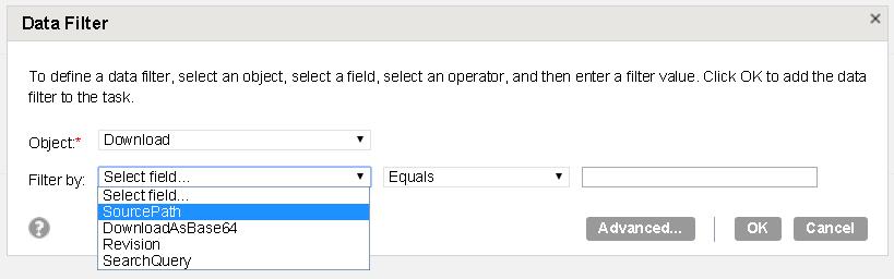 Enter a filter value The Filter by field contains following attributes: Attributes of Filter by Field SourcePath DownloadAsBase64 Revision SearchQuerry Description The path from where you want to