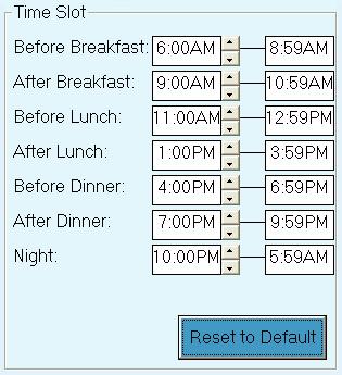 Time Slot On-Call Advanced Diabetes Data Management Software uses meal slots to organize data for reports. The window below shows the start and end times for 7 meal slots.