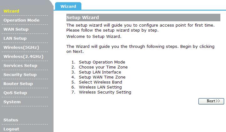 3.3 Setup Wizard Click on "Wizard" pages, it will guide you to setup your router step by step in