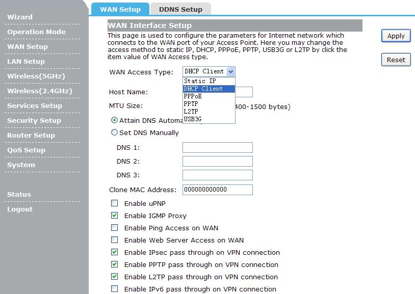 Chapter 4 Configuring the Router 4.1 Wan Setup There are two submenus under the WAN Setup menu: WAN Setup, DDNS Setup. Click any of them, and you will be able to configure the corresponding function.