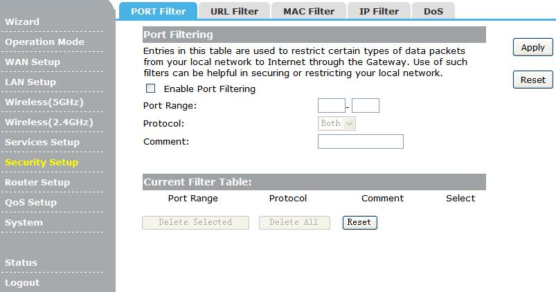 Enable Port Filtering: Check this box will enable Port Filtering function. Port Range:The port range that you want to filter.