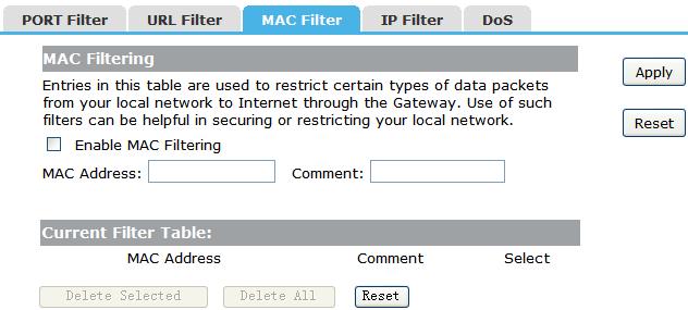 Each networking device has a unique address called a MAC address (a 12 digit hex number). Enable MAC Filtering: Check this box will enable MAC Filtering function.