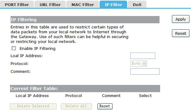 4 IP Filter IP Filtering is used to block internet or network access to specific IP addresses on your local network.