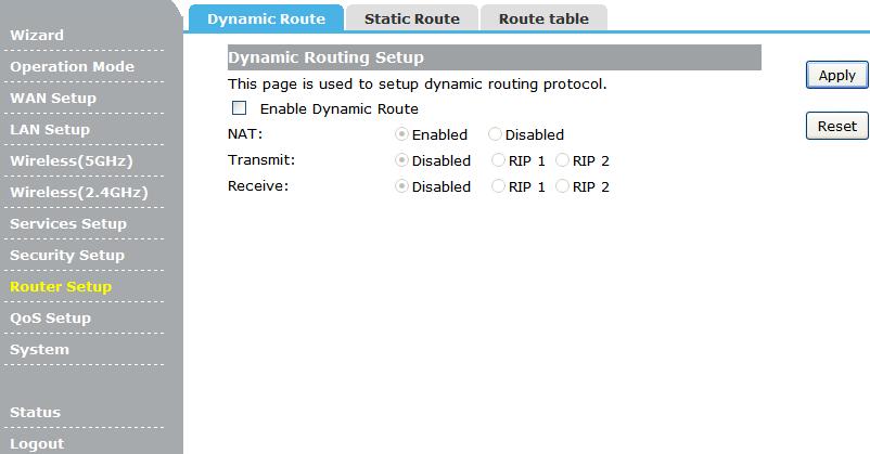 4.7.1 Dynamic Route Dynamic Routing allows the Router to automatically learn network destinations for devices/networks that are directly connected to the router.
