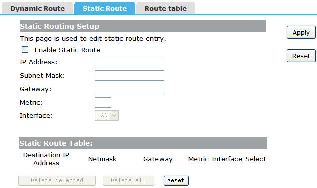 This allows the Router to adapt to changes and failures within the network topology and find the best route. Enable Dynamic Route: Click this box to enable Dynamic Route. 4.7.