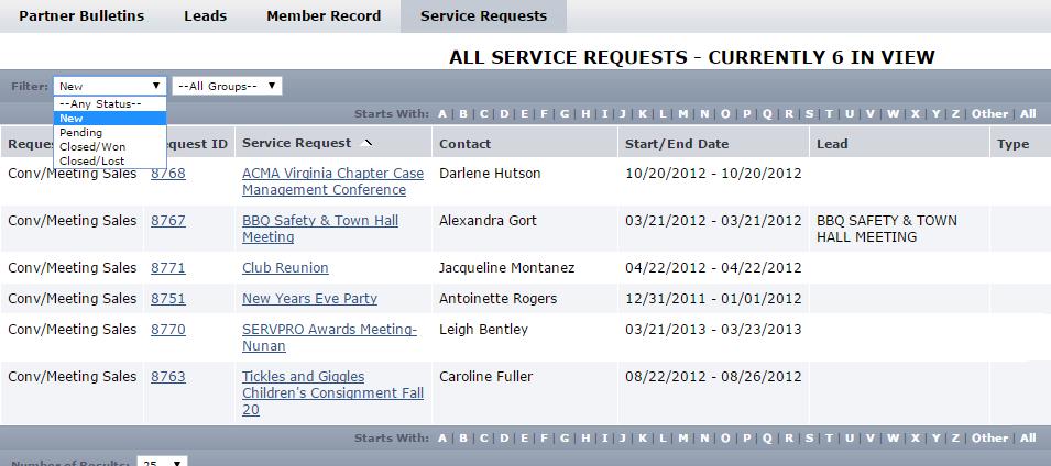 To view Service Requests by status, use the Status filter. Once you have found a Service Request that you want to respond to, click the Service Request name to view and respond.