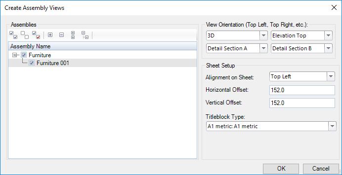 Select instances Click on Kobi Toolkit tab go to Modify panel Assembly drop-down select Create Assemblies Create Assembly Views Displays a dialog, choose the view direction and placement of up to