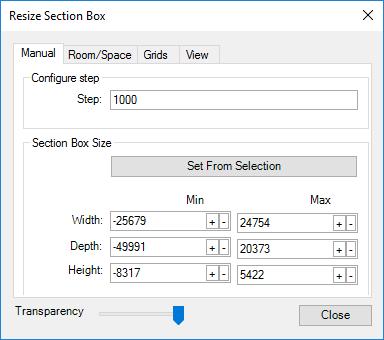 VIEW panel This tool set includes view manipulation tools. Resize Section Box Displays a dialog, specify the section box dimensions or set the section box to selected object, rooms or levels.