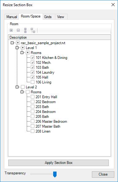 Room/Space Resizes section box to selection boundaries of selected