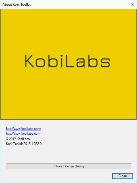 KOBI TOOLKIT panel In Kobi Toolkit panel you can find information about software, licensing, settings and help. There are also contact information and a link to Kobi Toolkit Youtube channel.