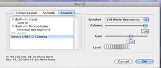 To setup the microphone, select Monitor > Sound Settings. Under the Source tab, select Venus USB 2.0 Camera.