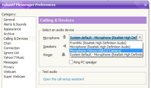 To test audio, select Open the Call Setup Assistant under the dropdown menus. Click Next. Talk into the microphone.