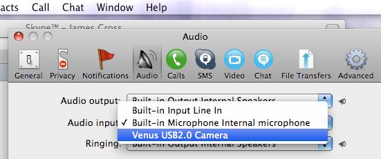 0 Camera. 4. To set up the microphone, select the Audio tab > Venus USB 2.