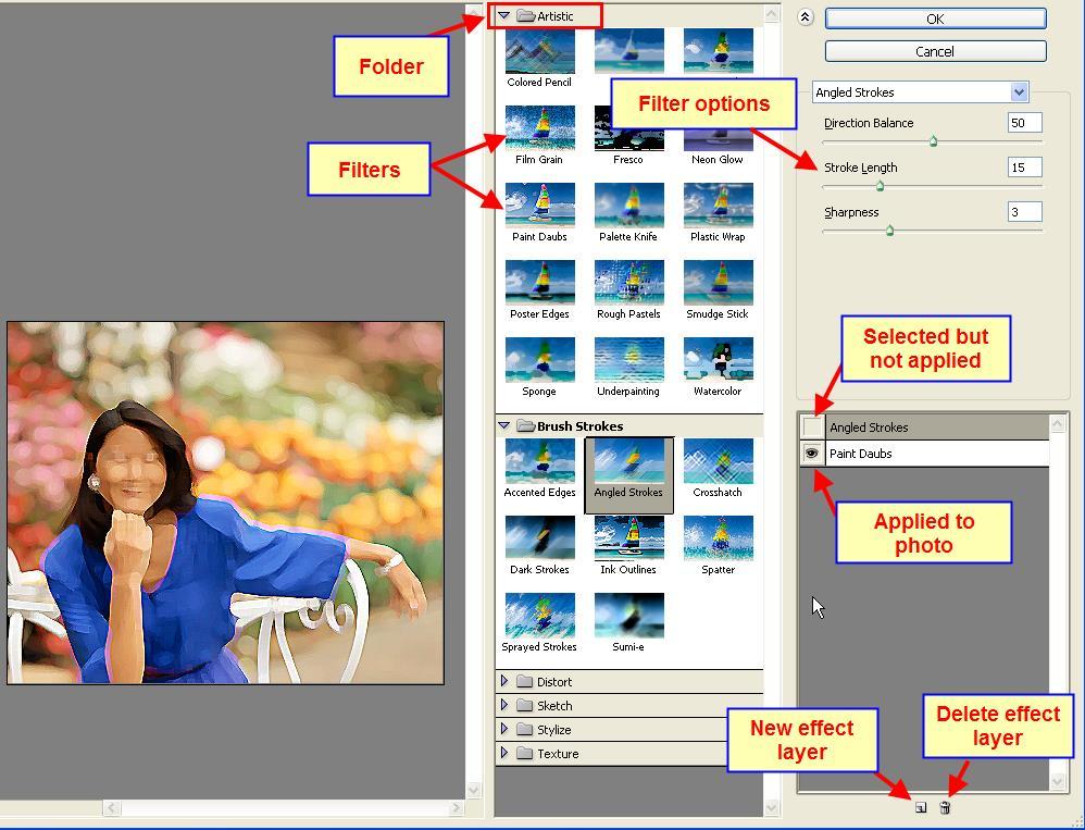 3. Click FILTER, FILTER GALLERY. o The large preview window displays each effect applied to the image in real time.