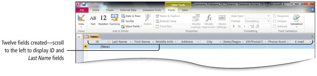Create a Table and Define Fields in a New Database Using the