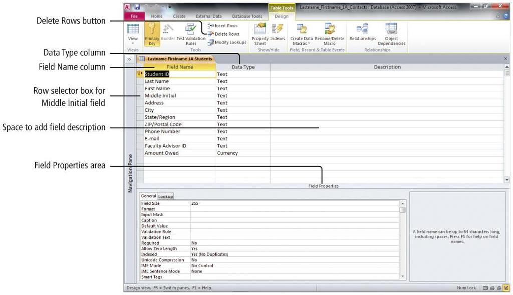 Create a Table and Define Fields in a New Database Design