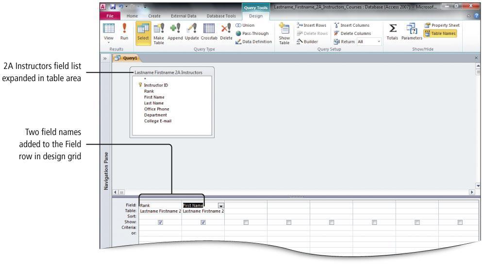 Create a Query in Design View The Query window has two parts Table area (upper area): Displays field lists for tables used in