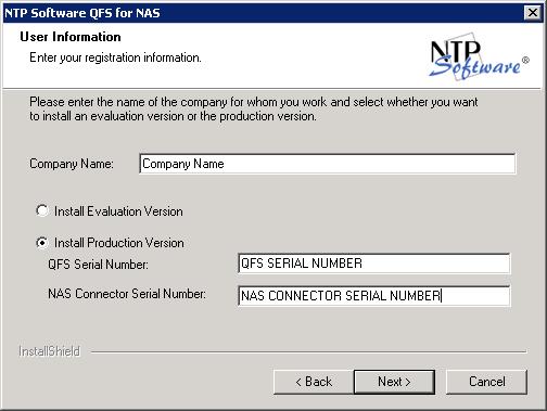 6. In the User Information dialog box, provide your company name, the serial number for NTP Software QFS