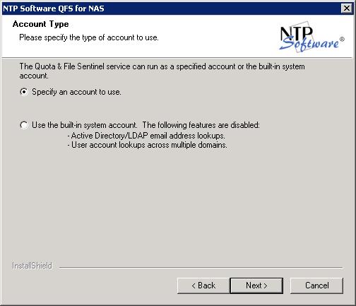 7. In the Account Type dialog box, specify the account type